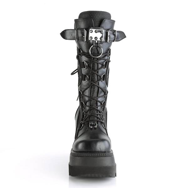 Demonia Women's Shaker-70 Platform Mid Calf Boots - Black Vegan Leather D7460-58US Clearance